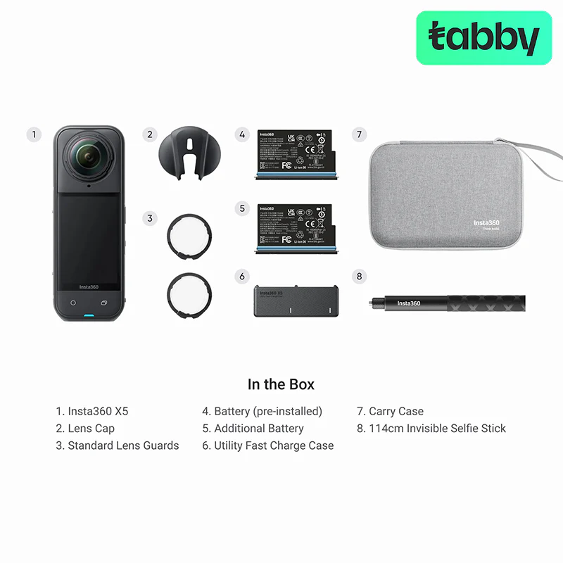 Insta360 X5 Essentials Bundle 8K 360° Action Camera with Selfie Stick, Extra Battery & Fast Charge Case – Midnight Black