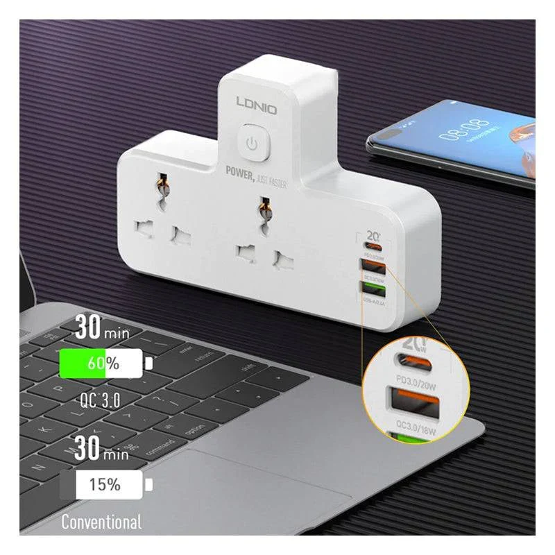 Ldnio SC2311 6 in 1 Power socket – 2 Way / USB-C / Night lamp / White - Image 4