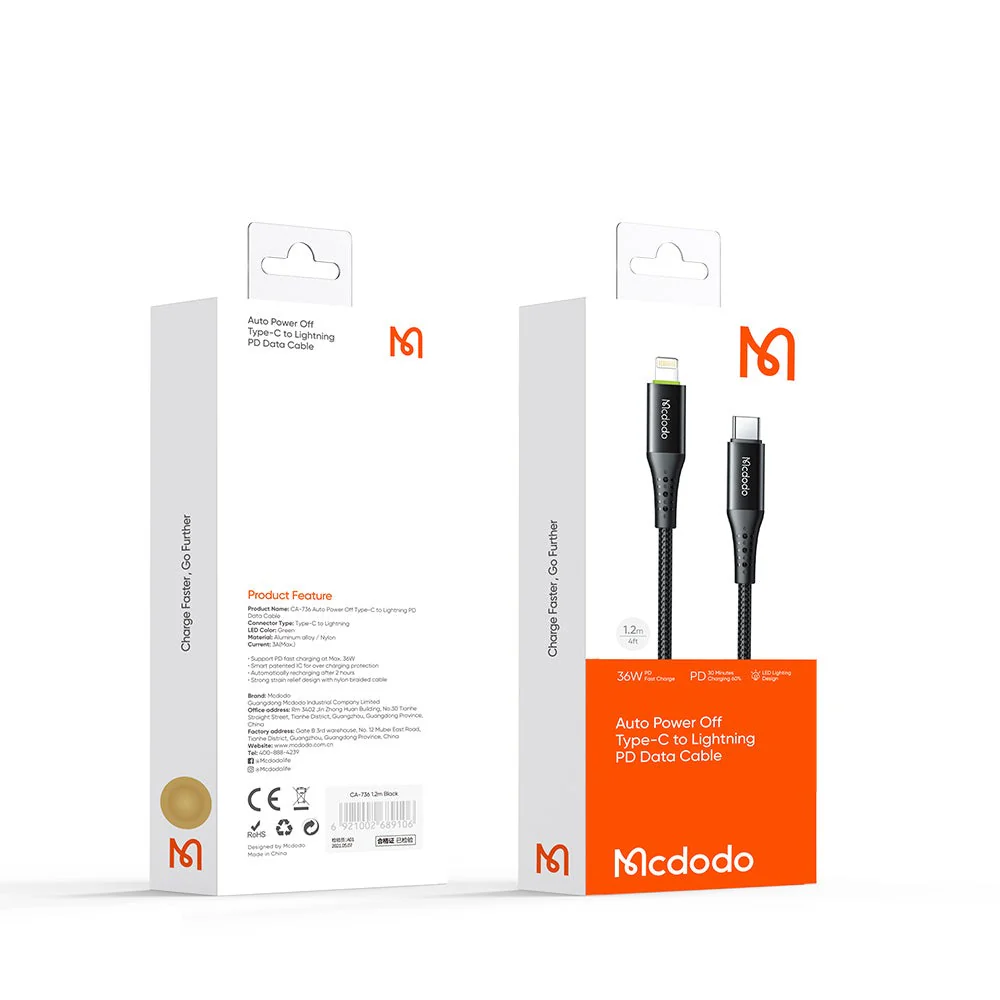 Mcdodo CA-736 Lightning To Type C Cable – 1.2M / 36W / Black - Image 13