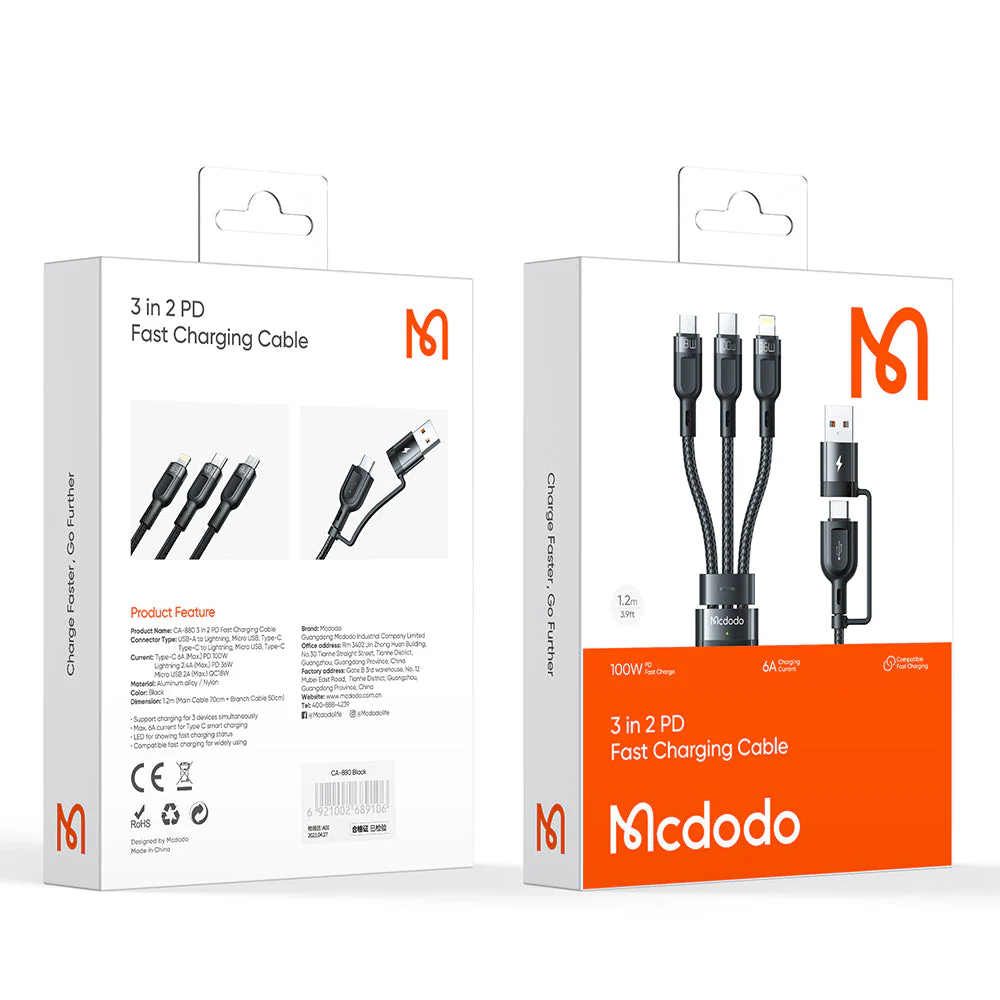 Mcdodo CA-880 Multifunction Data Cable – 2 in 1 PD USB-C / USB-A / Lightning / 1.2 Meters / Black - Image 9