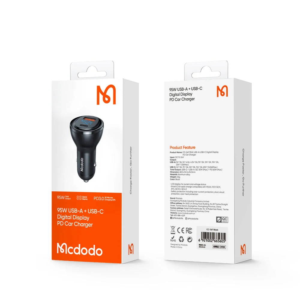Mcdodo CC-567 Aurora Series 95W USB-A + USB-C Digital Display PD Car Charger - Image 8