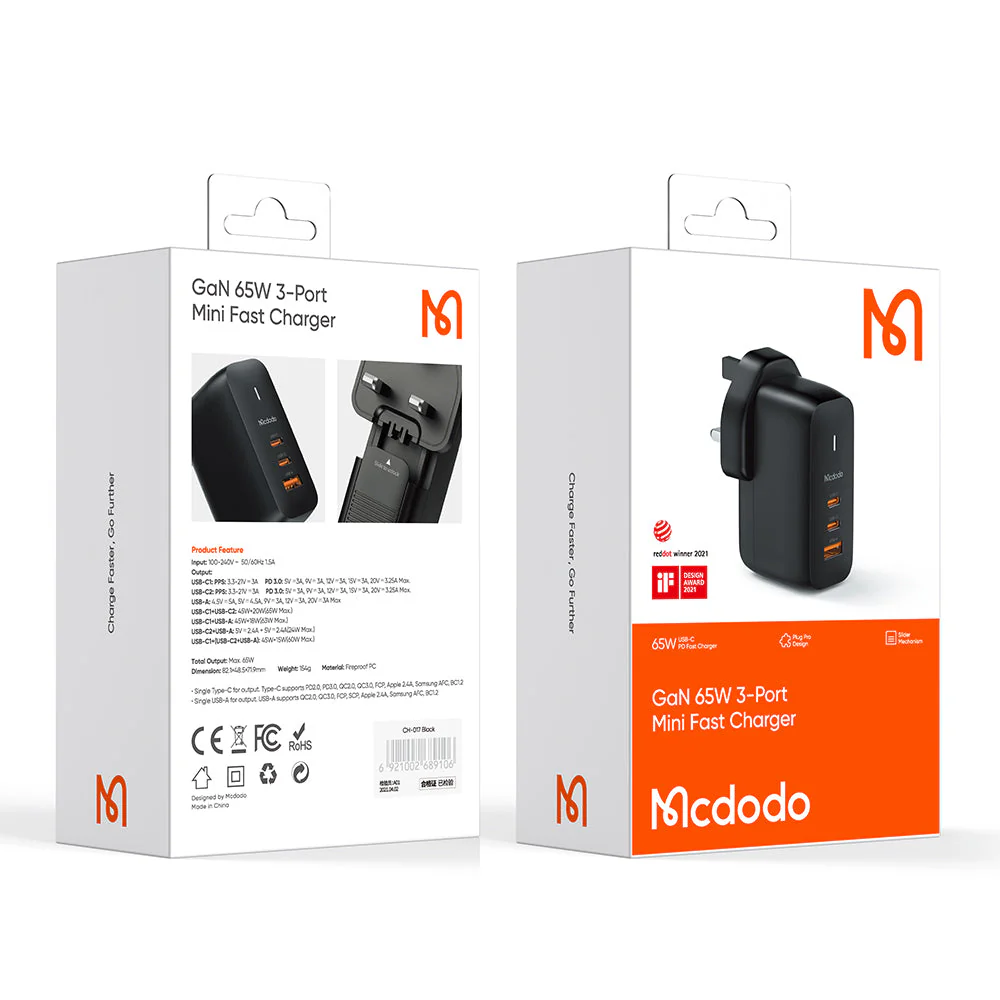 Mcdodo CH-017 Mecha Series GaN 65W Dual Type-C + USB Mini Size Wall Charger (UK Plug) - Image 13