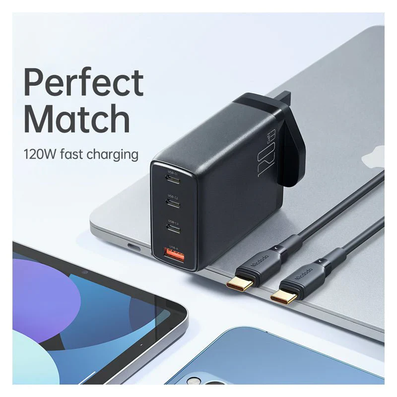 Mcdodo CH-076 GaN 120W PD Four-Port Wall Charger With Cable – USB-C / USB-A / 120W / Black - Image 6