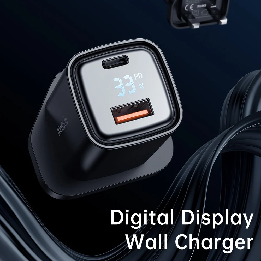 Mcdodo CH-169 Digital Display PD+QC Dual Port 33W Fast Charger – USB-A / USB-C / Black - Image 3