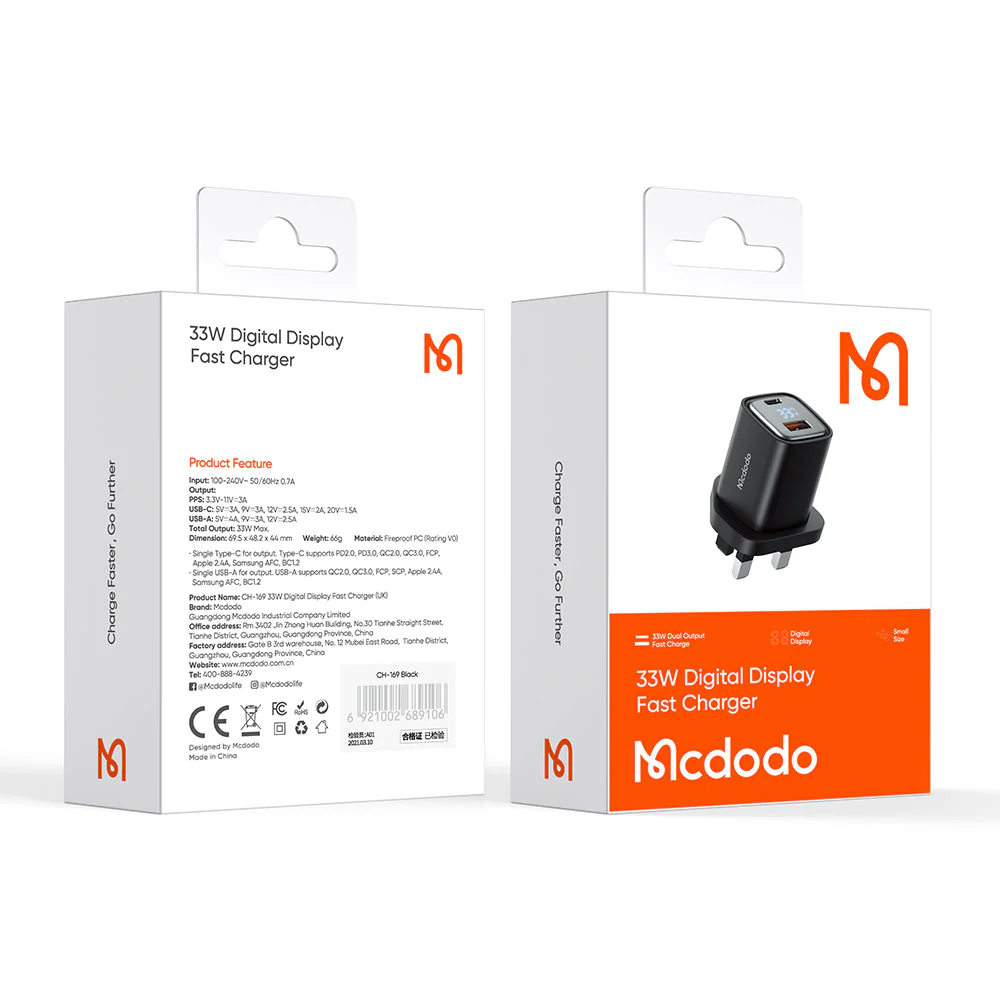 Mcdodo CH-169 Digital Display PD+QC Dual Port 33W Fast Charger – USB-A / USB-C / Black - Image 6