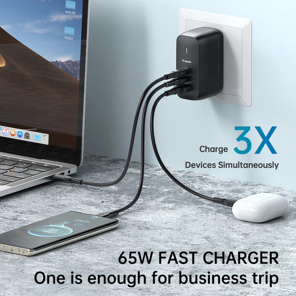 Mcdodo CH-844 Mecha Series GaN 65W Dual Type-C + USB Mini Size Wall Charger Set (EU/UK/US Plug) - Image 11