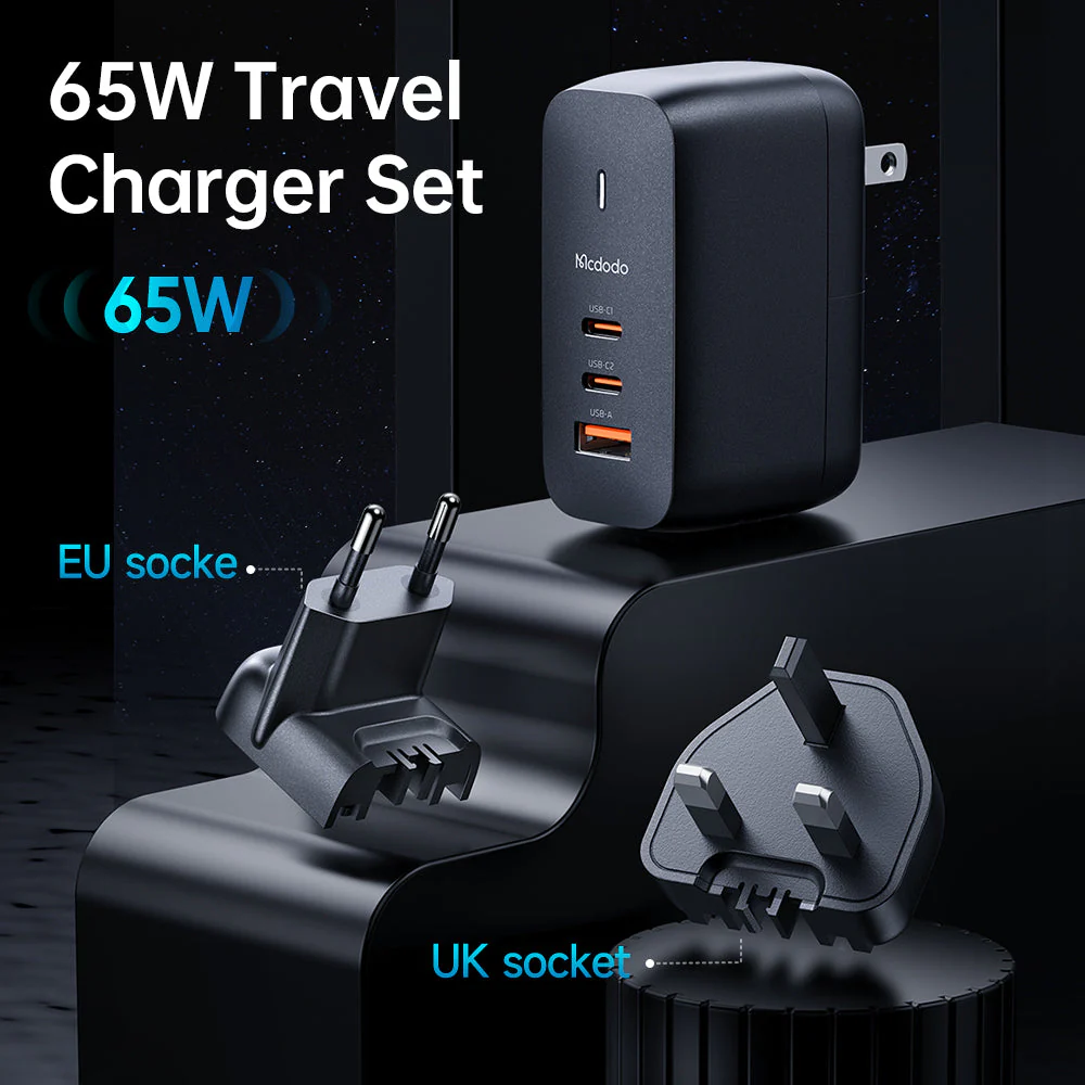 Mcdodo CH-844 Mecha Series GaN 65W Dual Type-C + USB Mini Size Wall Charger Set (EU/UK/US Plug) - Image 14