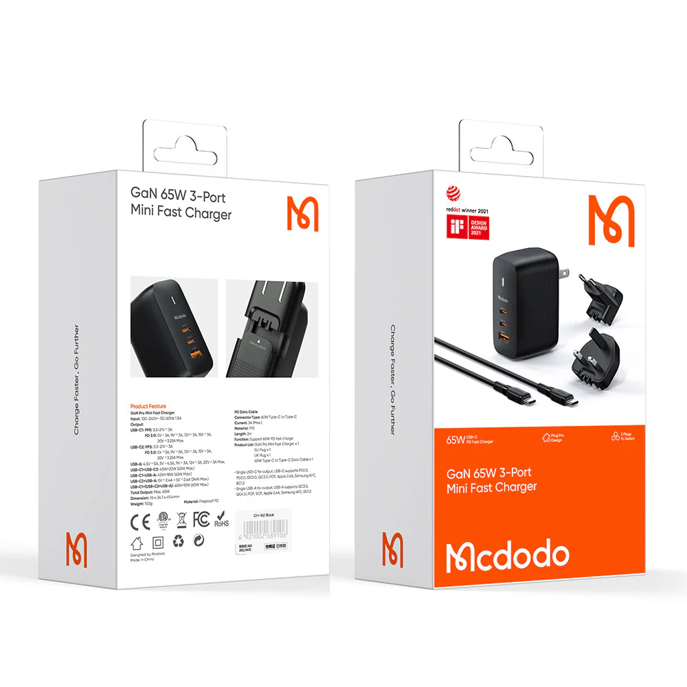 Mcdodo CH-844 Mecha Series GaN 65W Dual Type-C + USB Mini Size Wall Charger Set (EU/UK/US Plug) - Image 16