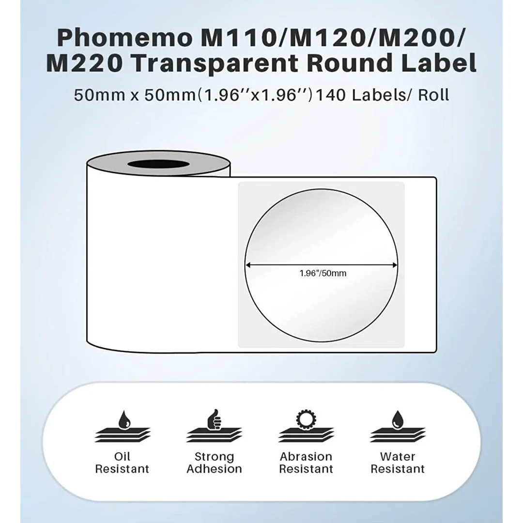 Phomemo Printer Labels 50 X 50mm Transparent Round Label – 1 Roll (140 Labels/per roll) – XY5050-TT - Image 2