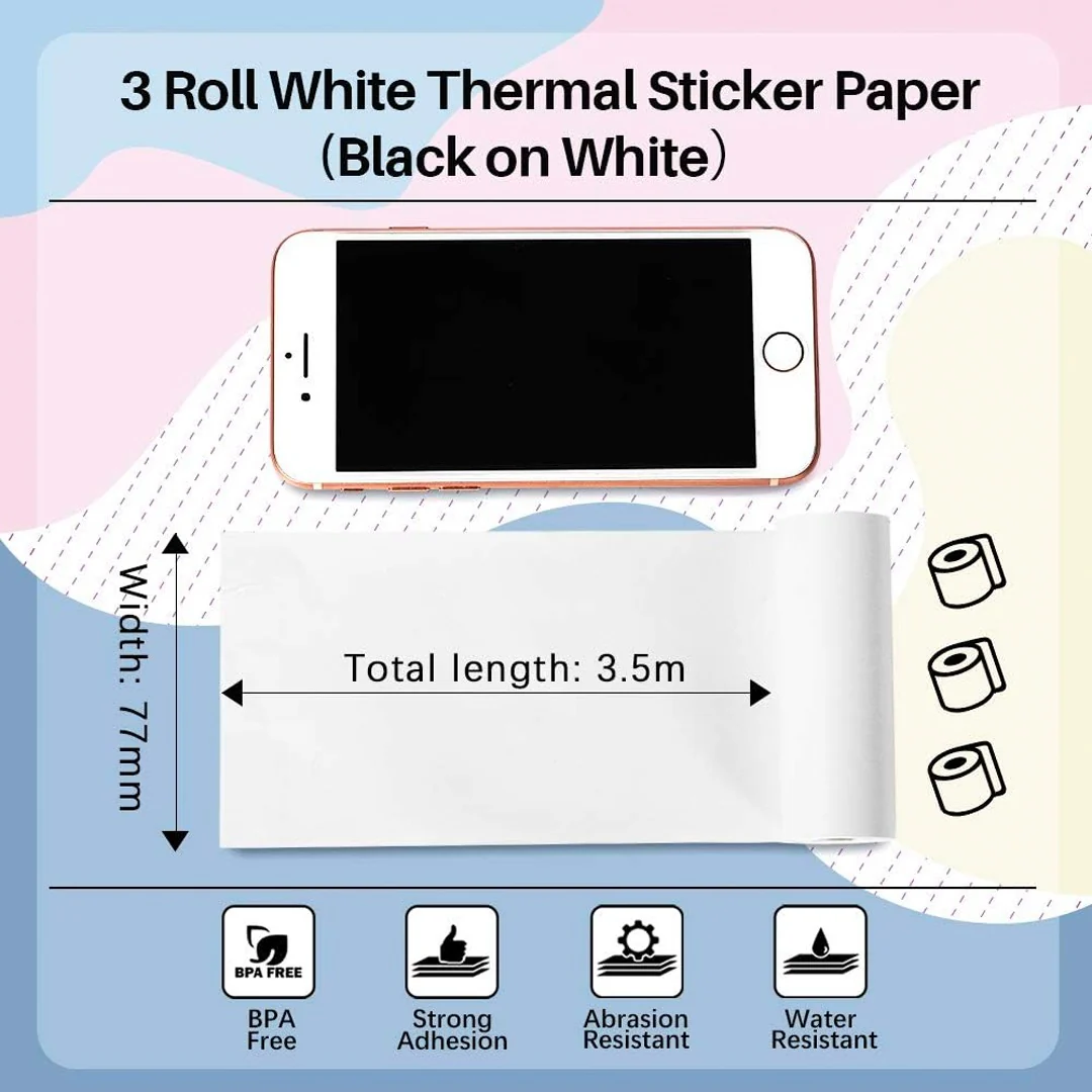 Phomemo Thermal Printer Sticker Paper – White Paper/ 77mm X 3.5m/ 3 Rolls – Q22-RMS10-77 - Image 2