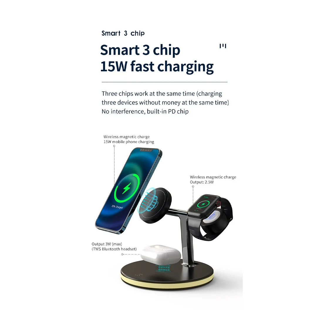 PowerPod Trio 25W Magnetic Fast Charging Station for iPhone 12 Mini, 12 Pro, iWatch, and AirPods Pro with Touch Illumination - Image 8