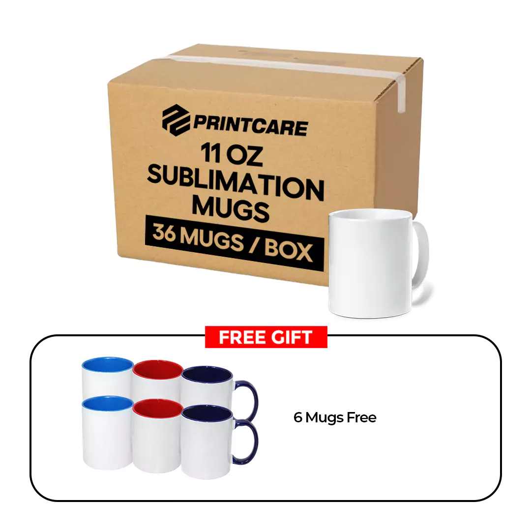 Print Care Sublimation White Mug Box – 11oz / 36 Mugs / White / 6 Free Mugs / Printing not Included