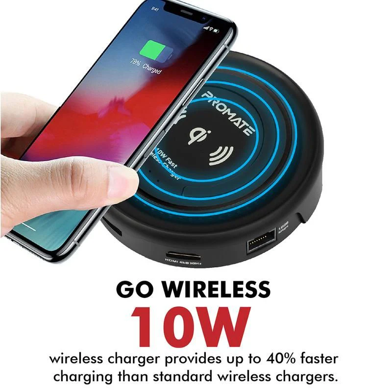 Promate All-in-One USB-C™ Hub with 100W Power Delivery & 10W Qi Wireless Charger, 1 Coil, 5Gbps Transfer Rate, 4K HDMI | CenterHub - Image 3