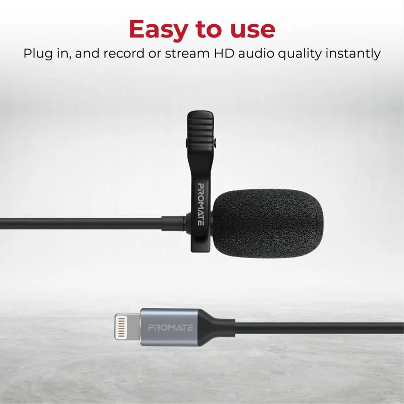 Promate Clip Microphone – 1.5m/ 50Hz/ Lightning Connector/ Black - Image 3
