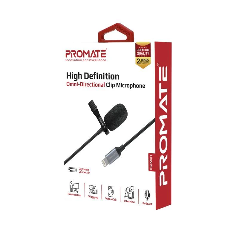 Promate Clip Microphone – 1.5m/ 50Hz/ Lightning Connector/ Black - Image 4