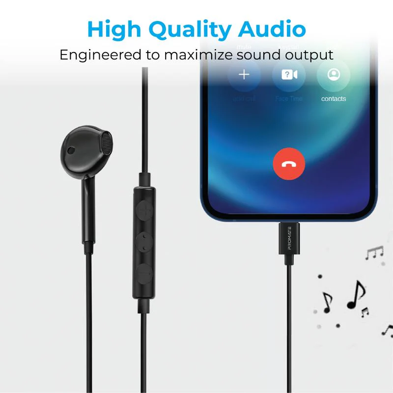 Promate Mono Earphone – 1.3m/ Lightning Connector/ Black Color - Image 3