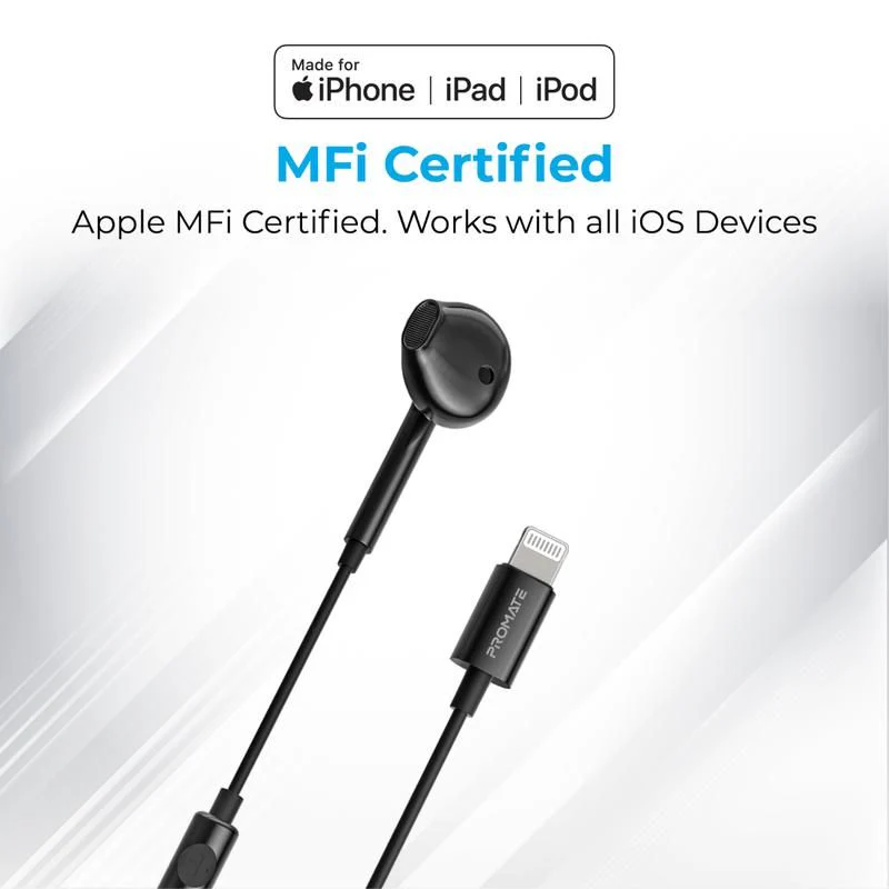 Promate Mono Earphone – 1.3m/ Lightning Connector/ Black Color - Image 5
