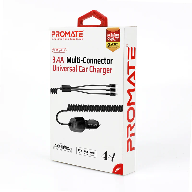 Promate VolTrip-Uni Car Charger – 3.4A USB Port; Multi-Connector Cable - Image 7