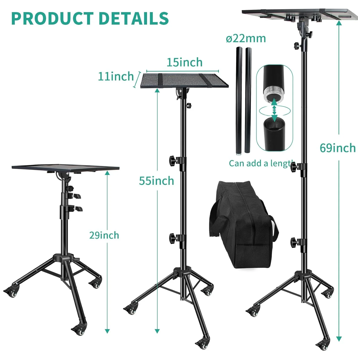 Universal Projector and Laptop Tripod Stand with Gooseneck Phone Holder and Wheels  – Adjustable Height from 31.9 Inch to 63 Inch - Image 4