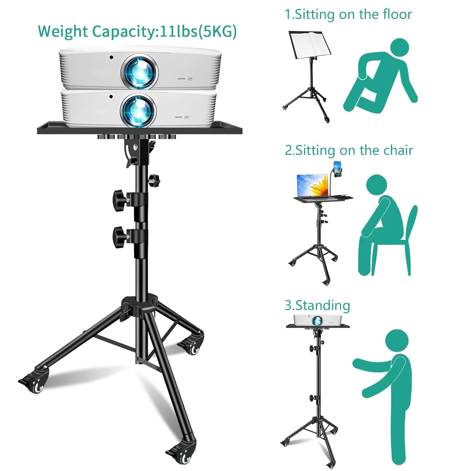 Universal Projector and Laptop Tripod Stand with Gooseneck Phone Holder and Wheels  – Adjustable Height from 31.9 Inch to 63 Inch - Image 5